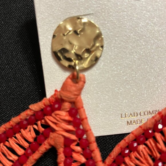 Natasha Orange Woven/Red Beaded Bohemian Dangling Earrings - Picture 3 of 6